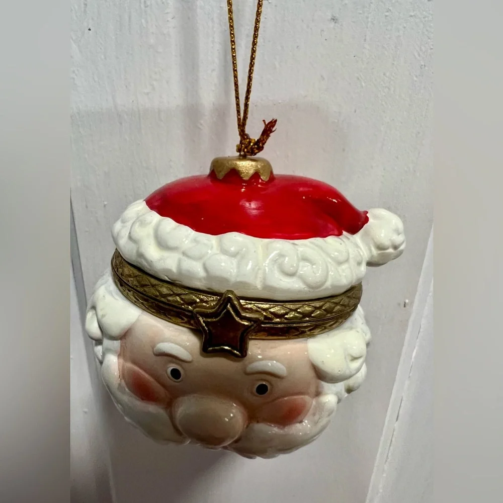 Porcelain Santa Claus St Nick Hat Hinged Trinket Box Christmas Ornament PreLoved